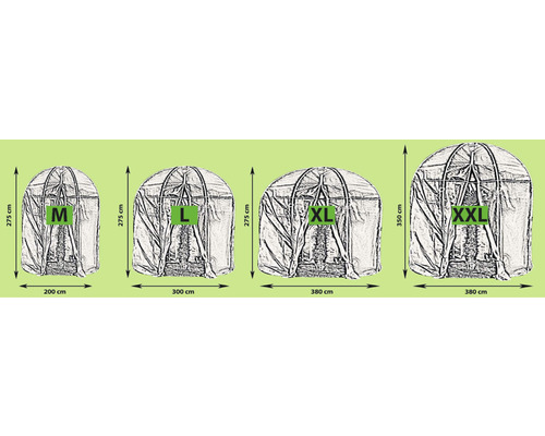 Gewächshaus in verschiedenen Größen: M, L, XL und XXL mit den entsprechenden Abmessungen