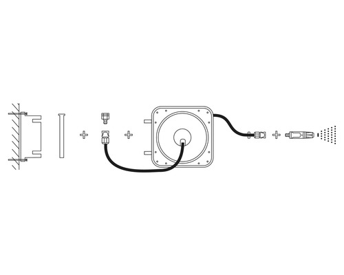 Schéma éclaté d''un enrouleur de tuyau d''arrosage avec support mural et tête d''arrosage