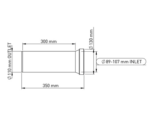 Technische Zeichnung eines Rohres mit Maßangaben zu Auslass und Einlass
