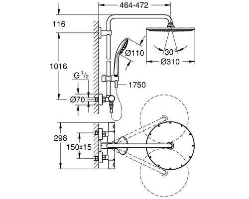 Schéma technique d''un système de douche avec indications de mesure.