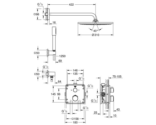 Schéma technique d''un robinet de douche avec indications de dimensions