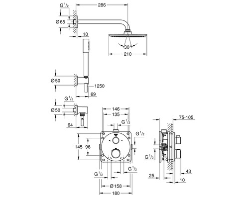 Dessin technique d''un système de douche avec dimensions.