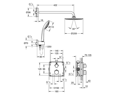 Schéma technique d''un système de douche avec douche de tête et douchette, avec indication des dimensions