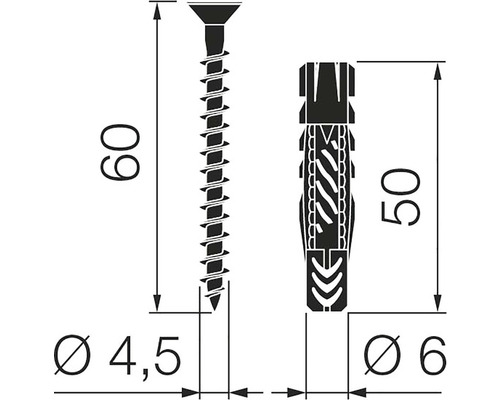 Technische Zeichnung einer Schraube mit Dübel und Massangaben