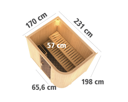 Sauna modulaire Karibu Korall IV avec poêle 9 kW et commande intégrée, sans couronne, avec portes en bois avec verre à isolation thermique