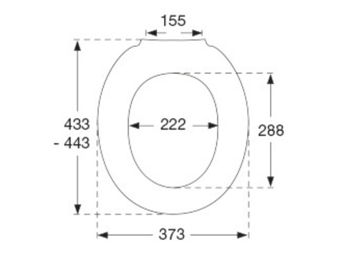 Technische Zeichnung eines WC-Sitzes mit Maßangaben.
