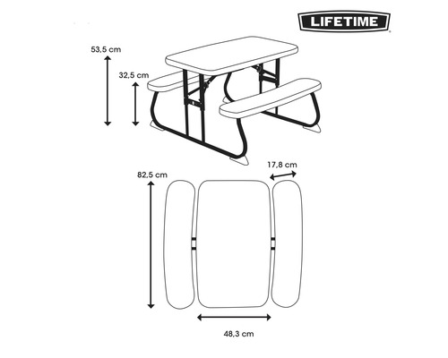 Image d''une table de pique-nique avec des dimensions et le logo Lifetime.
