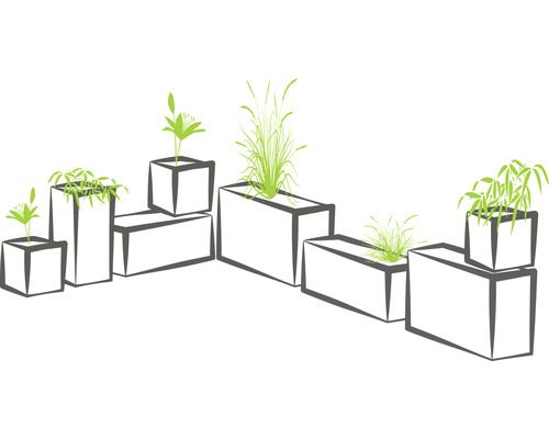 Illustration von Pflanzgefässen in verschiedenen Grössen mit Pflanzen