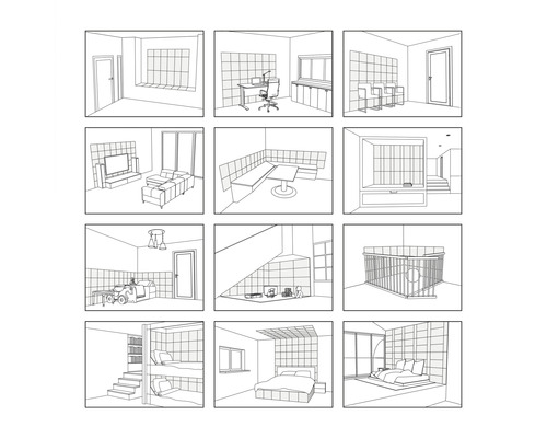 Illustration de différentes vues de pièces pour la planification de la maison