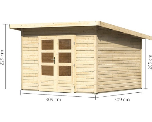 Holzgartenhaus mit Flachdach und Massangaben