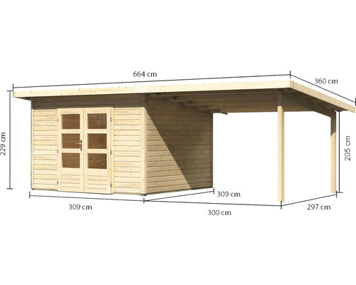 Abri de jardin en bois avec extension et indications de dimensions