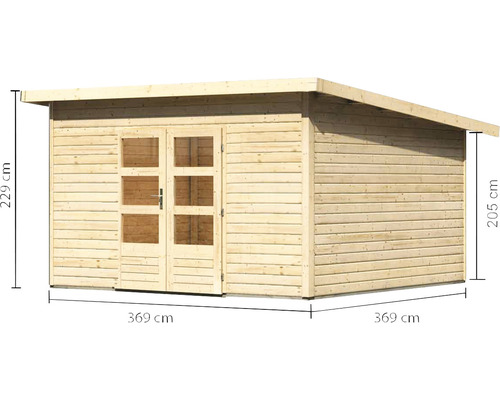 Gartenhaus aus Holz mit Tür und Maßangaben