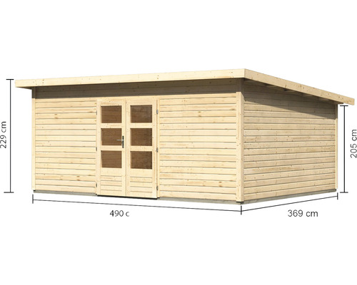 Gartenhaus aus Holz mit Flachdach und Doppeltür mit Fenstern, Abmessungen 490 x 369 x 229 cm