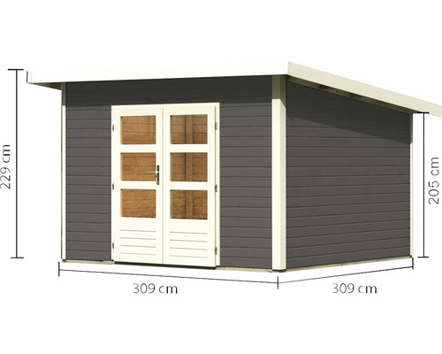 Gartenhaus mit Doppeltür und den Maßen 309 x 309 x 229 cm