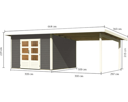 Abri de jardin en bois avec auvent et indications de dimensions