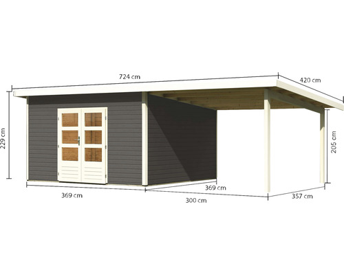 Image d''un abri de jardin avec annexe et dimensions