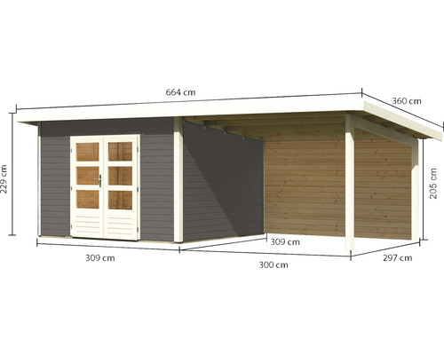 Abri de jardin avec annexe et indications de mesure