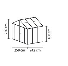 Illustration eines Gewächshauses mit den Maßen 250 cm Höhe, 258 cm Länge und 242 cm Breite
