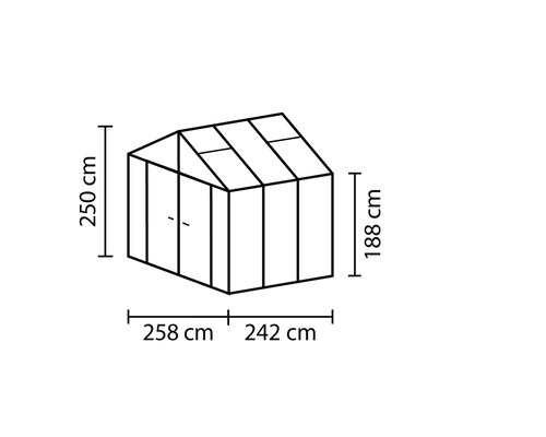 Zeichnung eines Gewächshauses mit den Massen 250 cm Höhe, 258 cm und 242 cm Breite sowie 188 cm Seitenhöhe.