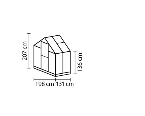 Image des dimensions d''une serre : 207 cm de hauteur, 198 cm de largeur plus 131 cm de largeur et 136 cm de hauteur latérale.