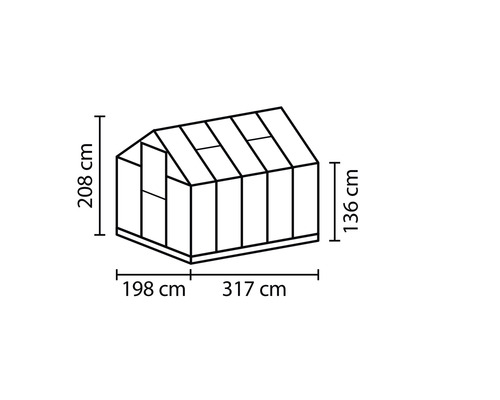 Dimensions de la serre: 208 cm de hauteur, 136 cm de profondeur, 198 cm plus 317 cm de largeur
