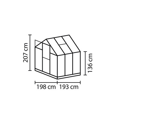 Technische Zeichnung eines Gewächshauses mit Abmessungen.