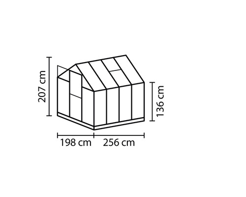 Schéma d''une serre avec des dimensions de 207 cm de hauteur, 198 cm et 256 cm de longueur, et 136 cm de hauteur latérale.