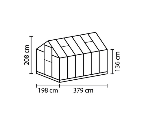 Dimensions de la serre: 379 cm de longueur, 198 cm de largeur et 208 cm de hauteur