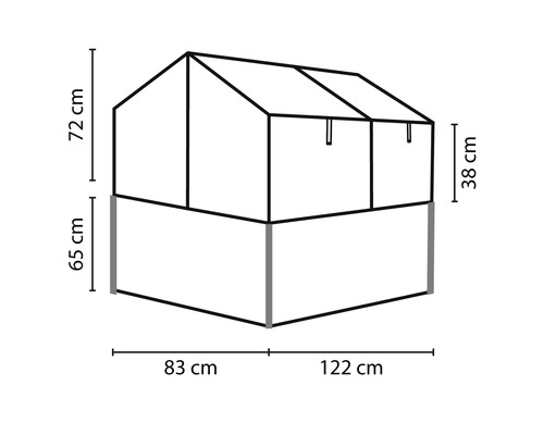 Dimensions d''un potager surélevé avec serre : 72 cm de hauteur, 38 cm de hauteur de la serre, 65 cm de hauteur du potager, 83 cm et 122 cm de longueur
