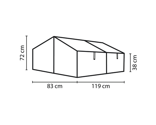 Illustration avec les dimensions d''une serre, 72 cm de hauteur, 38 cm de hauteur latérale, 83 cm de largeur et 119 cm de longueur.