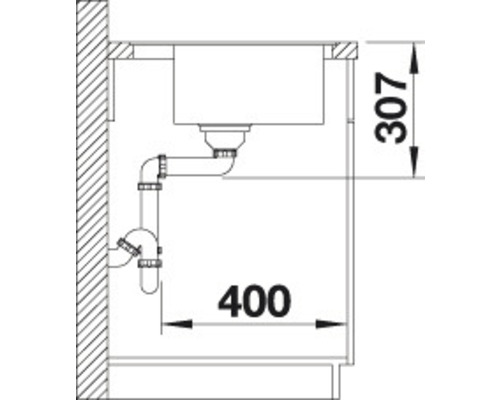 Schéma d''un évier avec dimensions : 307 mm de hauteur et 400 mm de largeur.