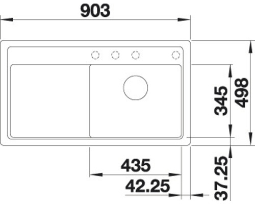 Schéma coté d''un évier à deux bacs et plage de robinetterie