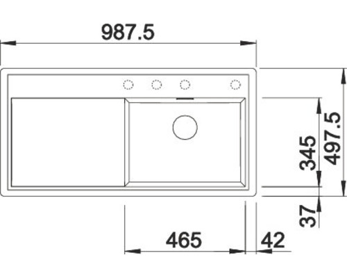 Schéma technique d''un évier mesurant 987,5 x 497,5 cm