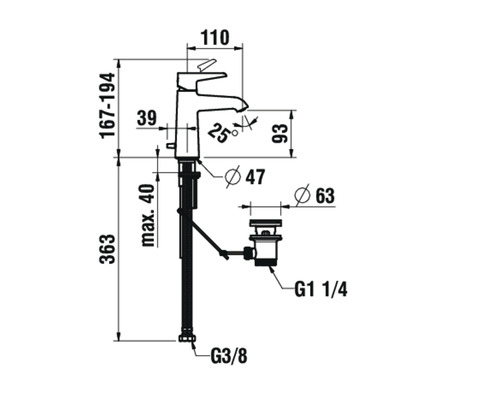 Technische Zeichnung eines Wasserhahns mit Maßangaben