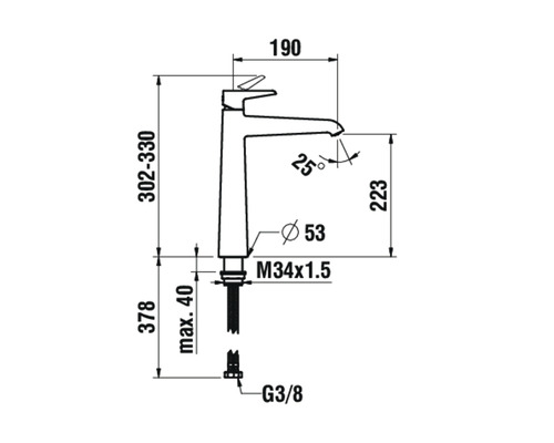 Schéma coté d''un robinet indiquant la hauteur, la largeur et la profondeur.