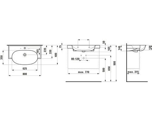 Technische Zeichnung eines Waschtischs mit Maßangaben