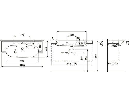 Schéma technique d''un lavabo avec indications de mesure