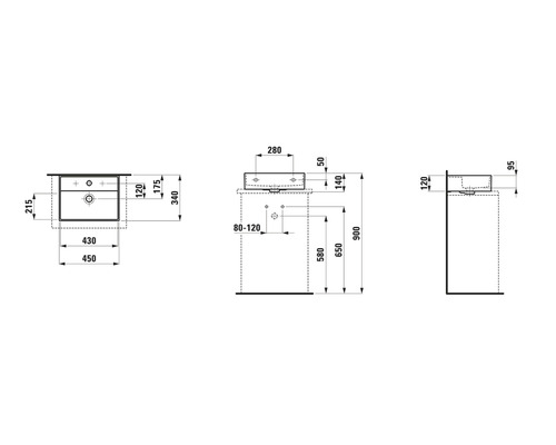 Schéma technique d''un meuble-lavabo avec dimensions