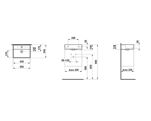 Technische Zeichnung eines Waschtischunterschranks mit Maßangaben