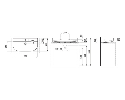 Technische Zeichnung eines Waschtisches mit Maßangaben