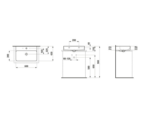 Schéma technique d''un lavabo avec dimensions