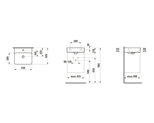 Technische Zeichnung eines Waschbeckens mit Maßangaben