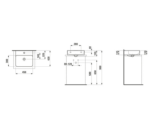 Schéma technique d''un lavabo avec dimensions.