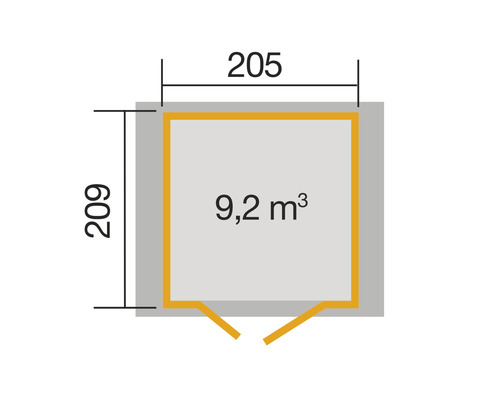 Plan avec des dimensions de 205 sur 209 centimètres et un volume de 9,2 mètres cubes.