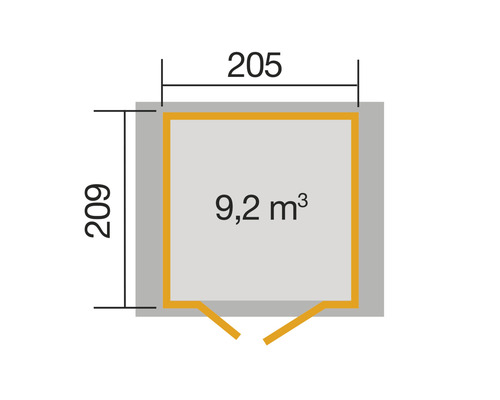 Grundriss mit den Massen 205 mal 209 Zentimeter und einem Rauminhalt von 9,2 Kubikmetern