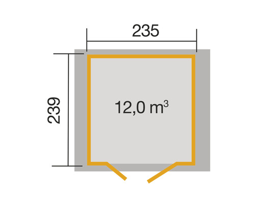 Grundriss mit Abmessungen 235 x 239 cm und 12 Kubikmeter Volumen