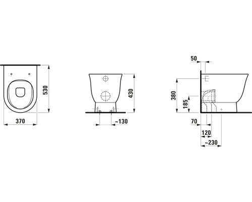 Technische Zeichnung eines Wand-WCs mit Maßangaben.
