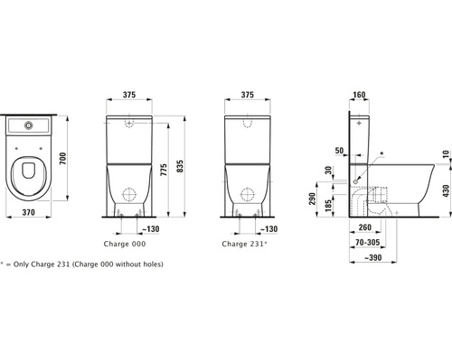 Technische Zeichnung eines Stand WCs mit Abmessungen