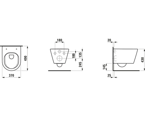 Technische Zeichnung eines Wand-WCs mit Maßangaben