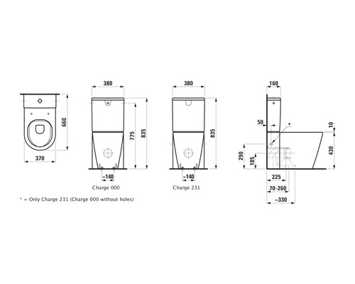 Technische Zeichnung eines Stand-WCs mit Maßangaben